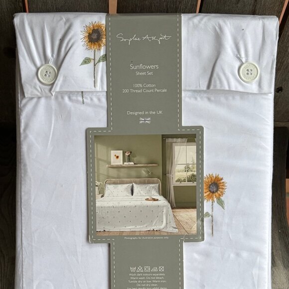 Sophie Allport London SUNFLOWERS COTTON Percale QUEEN Size Sheet Set - Picture 2 of 5